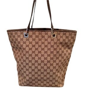 Authentic Vintage Gucci Brown Tote and Gucci Silver Pendant Lion Necklace.